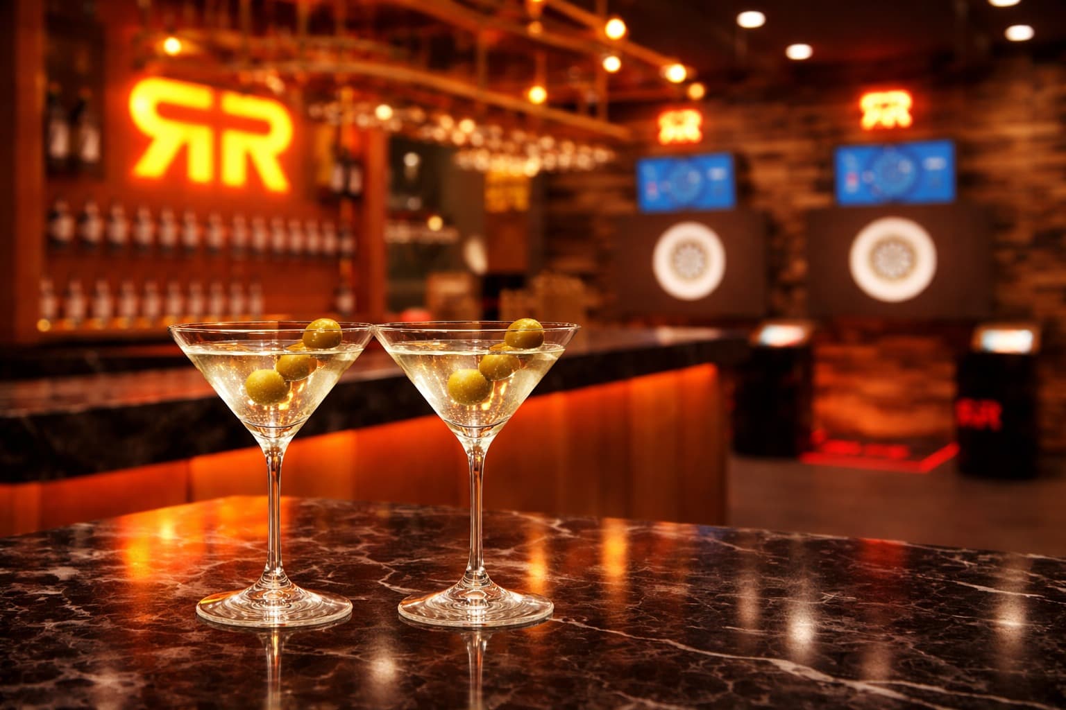 Two martini glasses on the bar at Rocket Room