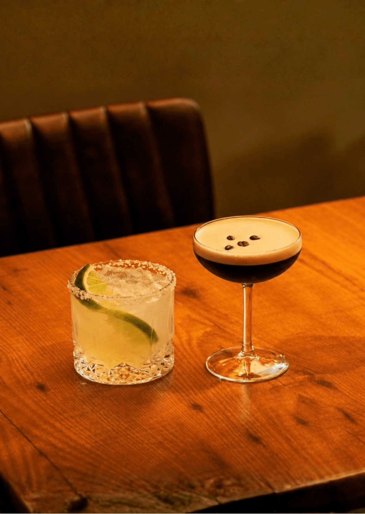 Two cocktails on a bar table at Rocket Room Leicester Square